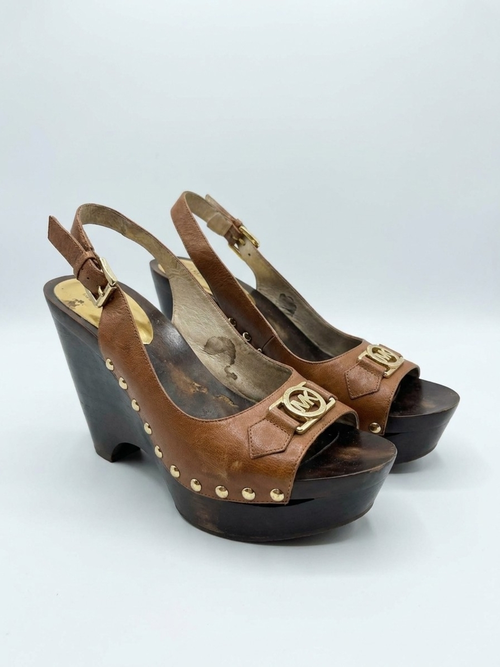 Michael Kors Brown Leather Platform Wedge Sandals